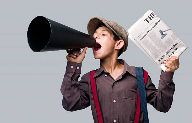 A lively newsboy, donning a flat cap and red suspenders, enthusiastically promotes our dental services. With a megaphone in his right hand and a stack of dental brochures in his left, he spreads the word about our exceptional care